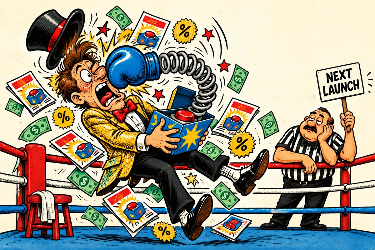 A marketer's push-button product punches him in the eye with a spring-loaded boxing glove while a bored referee calls for the next launch.